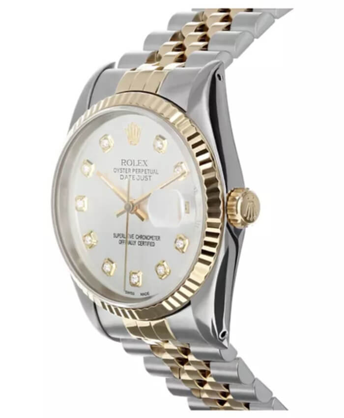 Pre-owned Rolex Men’s 36 Millimeter Stainless Steel and 18kt Gold Rolex Date Just Jubilee with Silver Diamond Dial and 18k Gold Fluted Bezel Watch